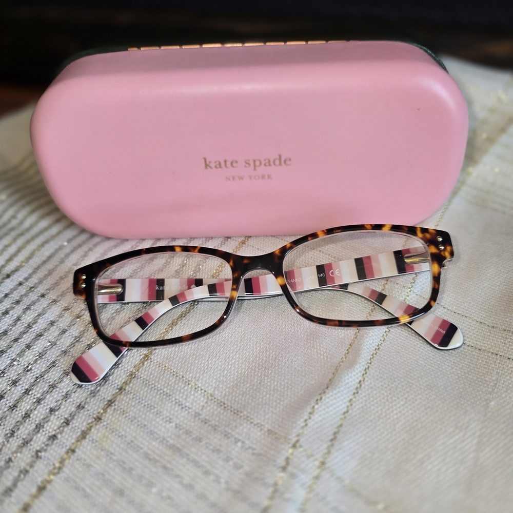 Kate Spade Tortoise Glasses with Pink Striped Arms And Case. Readers Or Rx EUC